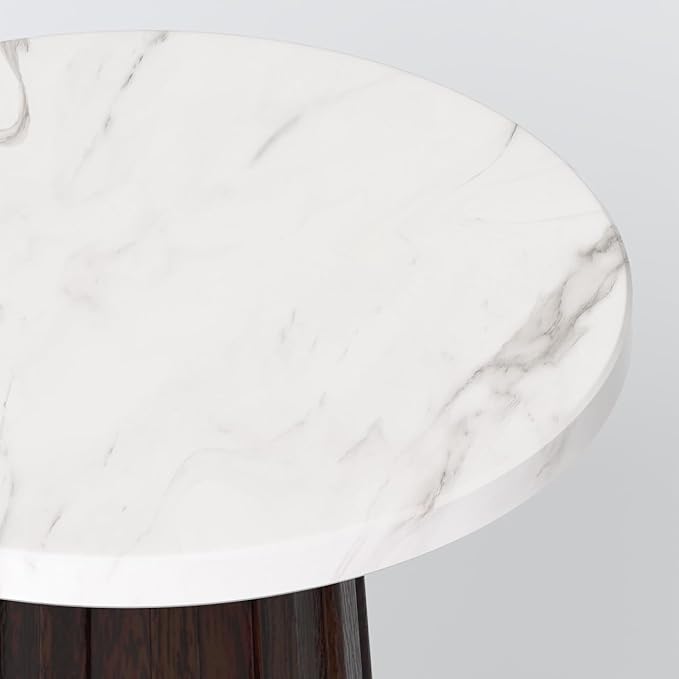 Ma'gro Drink Table – Solid Mango Wood Fluted Base with Real White Marble Top | Farmhouse Accent Side Table for Boho Decor, Bedside, Entryway, Plant Stand, Night Stand & Small Living Spaces