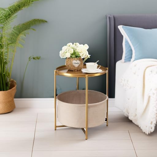 danpinera Round Side Table with Fabric Storage Basket, Metal Side Small Bedside Table Nightstand with Removable Tray Top for Living Room, Bedroom, Nursery, Laundry, Gold