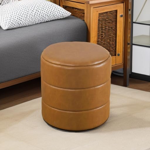 HomePop Upholstered Faux Leather Round Ottoman (No Lid, Seat Only) Home Décor | Round Pouf Foot Rest – Camel Brown Faux Leather
