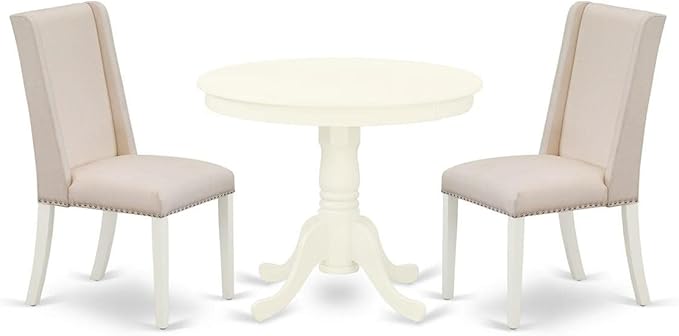 East West Furniture ANFL3-LWH-01 3 Piece Dining Room Furniture Set Contains a Round Kitchen Table with Pedestal and 2 Cream Linen Fabric Parson Dining Chairs, 36x36 Inch, Linen White