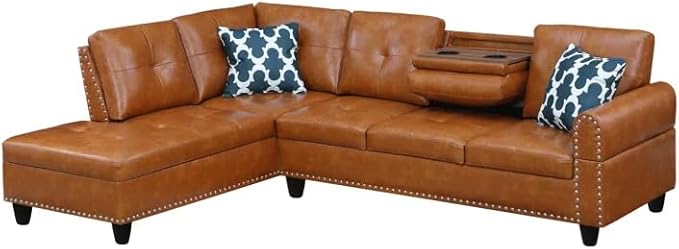 Ball & Cast 98" L Shaped Sectional Couch for Living Room with Chaise & Nailhead Trim,4 Seat Faux Leather Upholstered Modular Sectional Sofa Set 2 PCS W/Cup Holder & Coffee Table,for Home,Office,Ginger