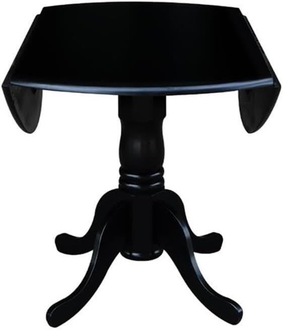 IC International Concepts, 42" Round Dual Drop Leaf Pedestal Dining Table, Solid Wood, Real Parawood, 42" W x 42" D x 29.5" H, Easy Assembly, Black