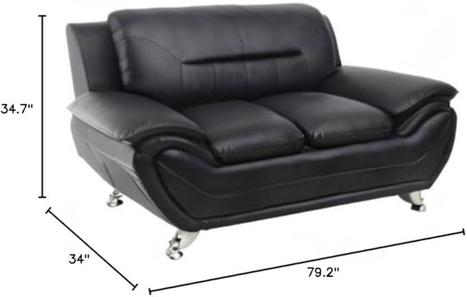 Container Furniture Direct Michael Modern Faux Leather Upholstered Stainless Steel Legs Living Room Loveseat, Midnight Black