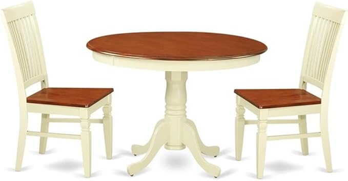 East West Furniture HLWE3-BMK-W 3 Piece Dinette Set for Small Spaces Contains a Round Dining Table with Pedestal and 2 Dining Chairs, 42x42 Inch, Buttermilk & Cherry