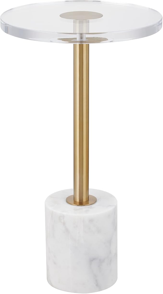 LIKENOW Furniture Acrylic Side Table,Clear Small Round End Table for Living Room,Bedroom,Office | Modern Nightstand with Marble Base,Gold Post,Clear Top for Drink,Food,Snack,Assembly(White)