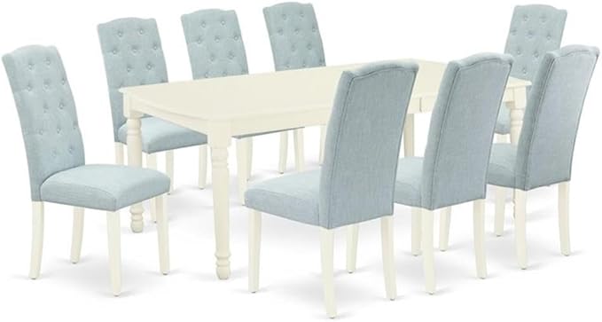 East West Furniture DOCE9-LWH-15 9 Piece Dining Table Set Includes a Rectangle Dining Room Table with Butterfly Leaf and 8 Baby Blue Linen Fabric Parsons Chairs, 42x78 Inch, Linen White