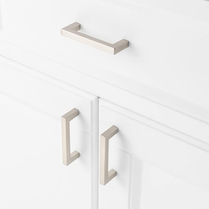 KOOFIZO Solid Square Bar Cabinet Handle - Brushed Nickel Furniture Pull, 3 Inch/76mm Screwhole Distance, 10-Pack for Kitchen Cupboard Door, Bedroom Dresser Drawer, Bathroom Wardrobe Hardware