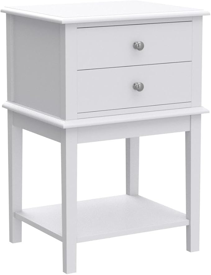 conifferism White Nightstand 2 Drawers and Storage Shelf, 28" High Bedroom Night Stand, Contemporary Modern Bed Side Table, Living Room Country Cottage 19" Wide End Table Metal Sliders