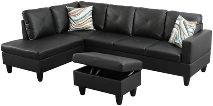 Black L-Shaped 3-Piece Faux Leather Sofa with Storage Ottoman Set, Sectional Couch Sofa Set for Living Room, Office, Small Space