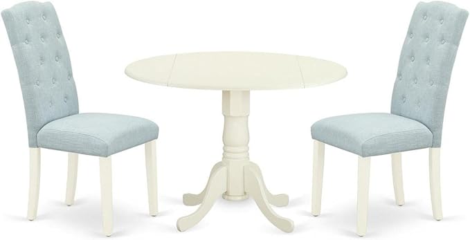 East West Furniture DLCE3-WHI-15 3 Piece Dining Table Set Contains a Round Dining Room Table with Dropleaf and 2 Baby Blue Linen Fabric Upholstered Chairs, 42x42 Inch, Linen White