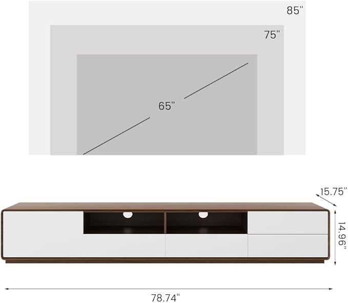 POVISON Modern Wood White TV Stand 78", Fully-Assembled Open Storage Cabinet, Lowline Media Console with 4 Drawers, Walnut Veneer (TV Stand Only)