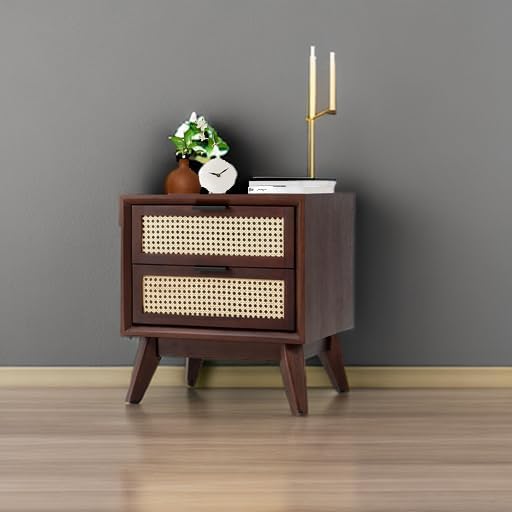 Bme Jasper Deluxe Solid Wood Rattan Nightstand Fully Assembled-Mid Century Modern Side Table with 2 Drawers-Multipurpose use for Living Room, Bedroom-Walnut
