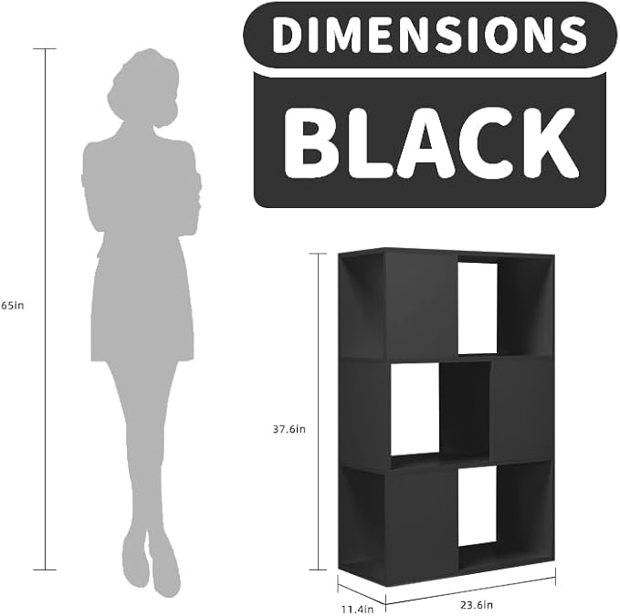 GHC 3 Tier Bookshelf, Wood Decorative Storage Shelving, Modern Freestanding Display Shelves, Tall Book Shelf Unit for Living Room, Bedroom, Office-Black