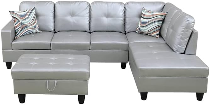 NicBex Sectional Couch 3 Pieces Sofa Set with Left Chaise Synthetic Leather L Shaped Cloud Couch for Living Room Furniture Sets with Storage Ottoman, Modular Sofa for Living Room & Apartment, Silver