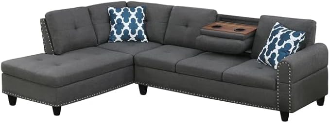 Ball & Cast 98" L Shaped Modular Sectional Couch for Living Room,4 Seat Linen Upholstered Sectional Sofa Set 2 PCS with Chaise,Coffee Table,Cup Holder,Pillows & Nailhead Trim for Home,Office,Dark Gray
