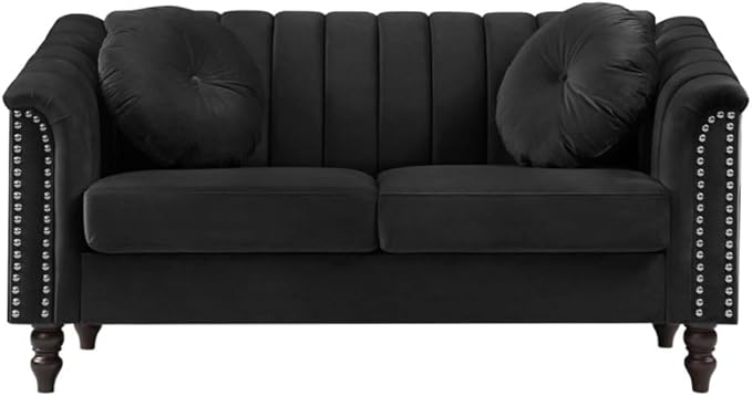 60" Loveseat Sofa, Microfiber Chesterfield Upholstered Sofas Love Seat, Couch Chair Sets with Style Button Tufted, Scroll Arms and Nailhead for Living Room, Office, Black