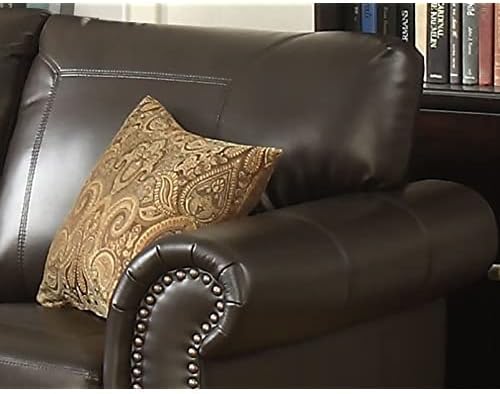 AC Pacific Louis Traditional Upholstered Leather Living Room Piece with Antique Brass Nail Head Trim, 2 Set, Umber
