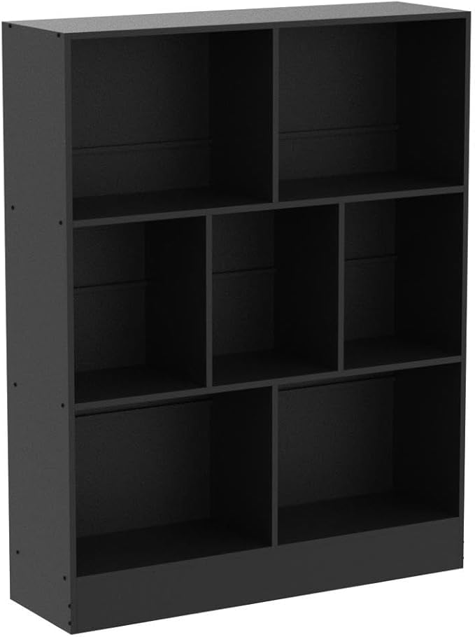 YAHARBO Black 7 Cube Bookshelf,3 Tier Modern Horizontal Bookcase,Wooden Low Book Shelf Display Storage Cabinet with Base,Floor Standing Short Bookshelves Open Organizer for Bedroom,Living Room,Office