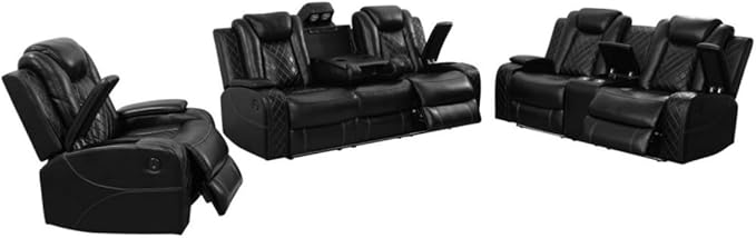 Electric Power Recliner Chair/Loveseat/Sofa Living Room, Comfy Home Theater Breathing Leather Seating with USB 2.0 Charging Ports, LED Light Strips, Fold-Down Table & Cupholders (Black, 3-Piece)