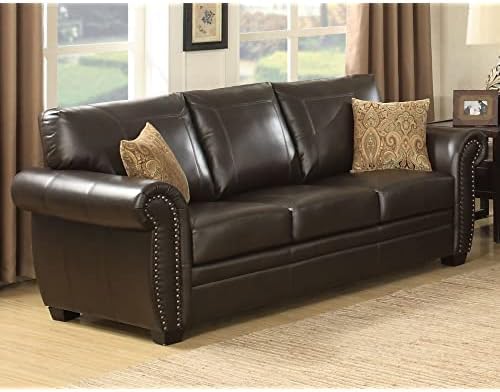 AC Pacific Louis Traditional Upholstered Leather Living Room Piece with Antique Brass Nail Head Trim, 2 Set, Umber