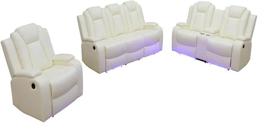 Electric Power Recliner Chair/Loveseat/Sofa Living Room, Comfy Home Theater Breathing Leather Seating with USB 2.0 Charging Ports, LED Light Strips, Fold-Down Table & Cupholders (White, 3-Piece)