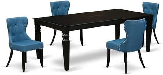 East West Furniture LGSI5-BLK-21 5 Piece Dining Set Includes a Rectangle Dining Room Table with Butterfly Leaf and 4 Blue Linen Fabric Upholstered Parson Chairs, 42x84 Inch, Black