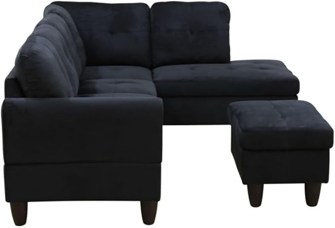 Black L-Shaped 3-Piece Flannel Sofa with Storage Ottoman Set, Sectional Couch Sofa Set for Living Room, Office, Small Space