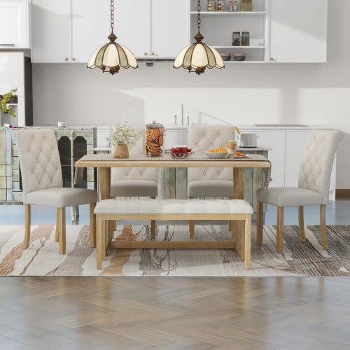 SogesHome 6-Piece Dining Table Set with Upholstered Chairs and Bench, Modern Retro Rectangular Kitchen Table, Rustic Farmhouse Style Decor Dining Table for Dining Room, Breakfast (Natural Wood Wash)