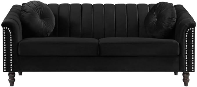 Sectional Sofa Set, Microfiber Chesterfield Upholstered Sofas Loveseat Couch Chair Sets with Style Button Tufted, Scroll Arms and Nailhead for Living Room, Office, Apartment-Black,S