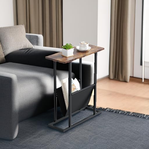 Yusong Small Narrow Side Table for Small Spaces, 17.7" W Slim End Table Magazine Table Nightstand with Storage Holder, Accent Skinny Snack Couch Bedside Table, Rustic Brown, Complete Iron Pipes