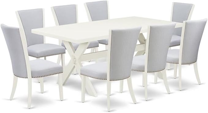 East West Furniture X027VE005-9 9 Piece Dining Room Table Set Includes a Rectangle Kitchen Table with X-Legs and 8 Grey Linen Fabric Parson Dining Chairs, 40x72 Inch, Multi-Color