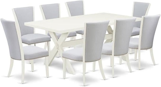 East West Furniture X027VE005-9 9 Piece Dining Room Table Set Includes a Rectangle Kitchen Table with X-Legs and 8 Grey Linen Fabric Parson Dining Chairs, 40x72 Inch, Multi-Color