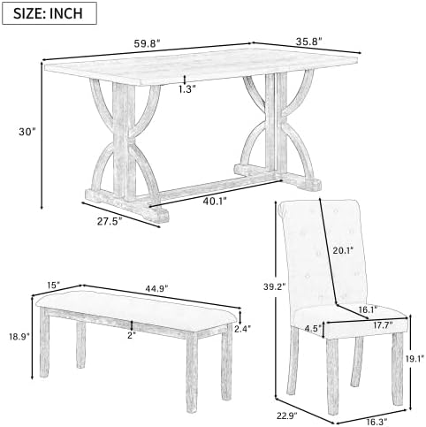 SogesHome 6-Piece Dining Table Set with Upholstered Chairs and Bench, Modern Retro Rectangular Kitchen Table, Rustic Farmhouse Style Decor Dining Table for Dining Room, Breakfast (Gray Wash)
