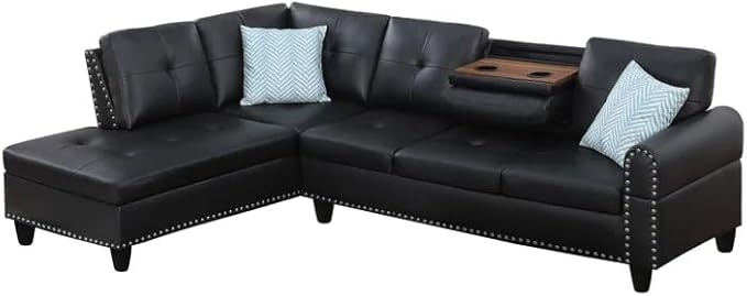 Ball & Cast 98" L Shaped Sectional Couch for Living Room with Chaise & Coffee Table,4 Seat Faux Leather Upholstered Modular Sectional Sofa Set 2 PCS W/Cup Holders & Nailhead Trim,for Home,Office,Black
