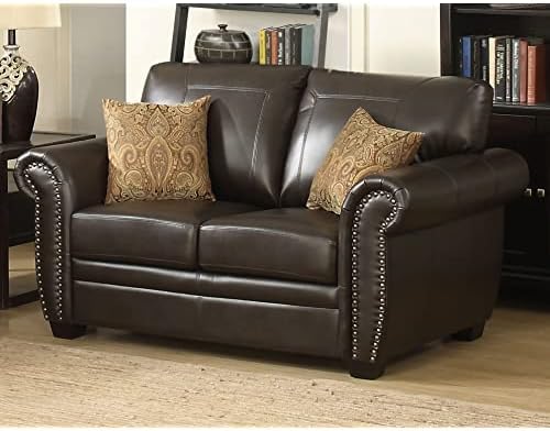 AC Pacific Louis Traditional Upholstered Leather Living Room Piece with Antique Brass Nail Head Trim, 2 Set, Umber