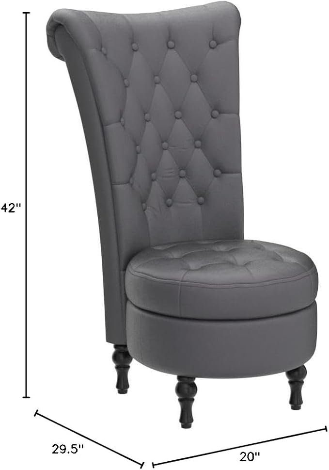Container Furniture Direct Royal High-Back Velvet Accent Chair for Vanity with Storage and Luxurious Upholstery, Retro Design and Versatile Usage for Livingroom, Bedroom, Lounge and Office, Grey