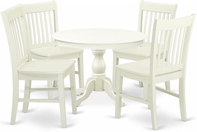 East West Furniture HBNF5-LWH-W 5 Piece Modern Dining Table Set Includes a Round Wooden Table with Pedestal and 4 Dining Room Chairs, 42x42 Inch, Linen White
