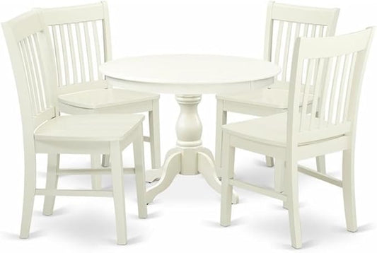 East West Furniture HBNF5-LWH-W 5 Piece Modern Dining Table Set Includes a Round Wooden Table with Pedestal and 4 Dining Room Chairs, 42x42 Inch, Linen White