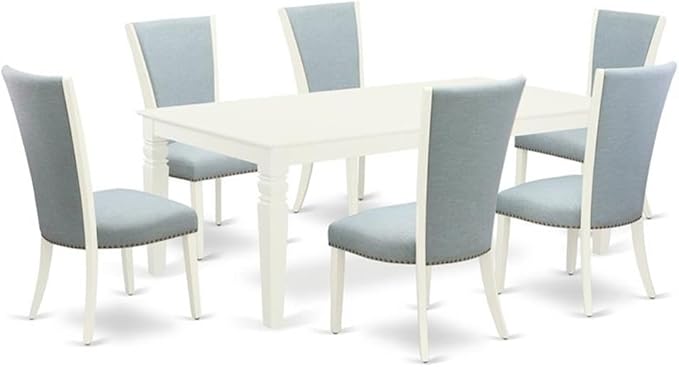 East West Furniture LGVE7-LWH-15 7 Piece Kitchen Table & Chairs Set Consist of a Rectangle Butterfly Leaf Dining Table and 6 Baby Blue Linen Fabric Parson Chairs, 42x84 Inch, Linen White