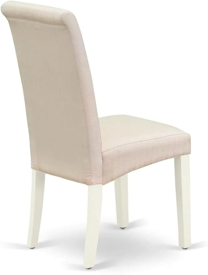 East West Furniture DLBA3-WHI-01 3 Piece Modern Dining Table Set Contains a Round Wooden Table with Dropleaf and 2 Cream Linen Fabric Upholstered Parson Chairs, 42x42 Inch, Linen White