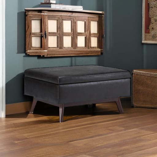 SIMPLIHOME Owen 34 inch Wide Mid Century Modern Rectangle Coffee Table Storage Ottoman in Distressed Black Vegan Faux Leather, Assembled, for the Living Room, Entryway and Family Room