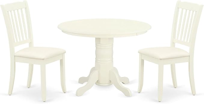 East West Furniture SHDA3-WHI-C 3 Piece Dining Room Table Set Contains a Round Kitchen Table with Pedestal and 2 Linen Fabric Upholstered Dining Chairs, 42x42 Inch, Linen White