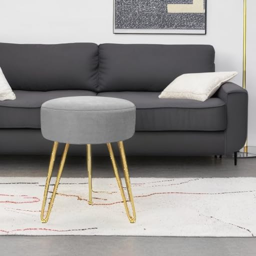 GERANT Multifunctional Vanity Stools - Velvet Round Ottoman Modern Dressing Stool -Upholstered Footrest Stool - Side Table Footstool with Golden Metal Leg for Living Room, Bedroom (Gray)