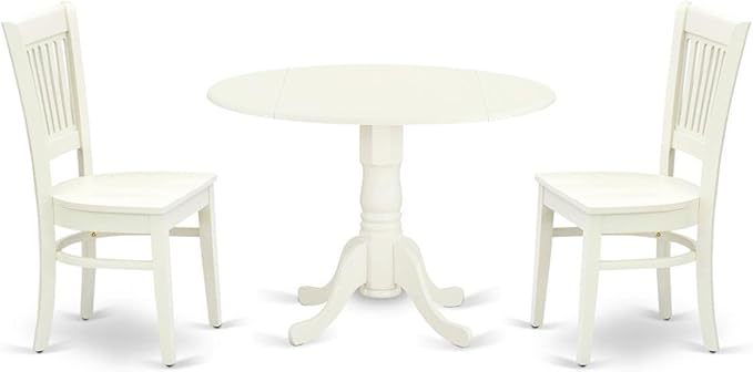 East West Furniture DLVA3-LWH-W 3 Piece Modern Dining Table Set Contains a Round Wooden Table with Dropleaf and 2 Dining Room Chairs, 42x42 Inch, Linen White