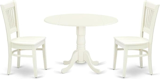 East West Furniture DLVA3-LWH-W 3 Piece Modern Dining Table Set Contains a Round Wooden Table with Dropleaf and 2 Dining Room Chairs, 42x42 Inch, Linen White