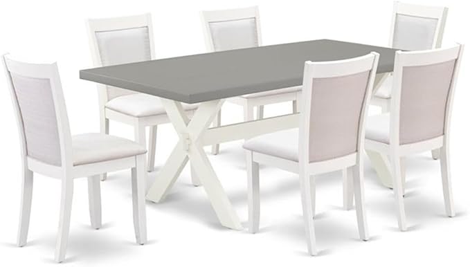East West Furniture X097MZ001-7 7 Piece Modern Dining Table Set Consist of a Rectangle Wooden Table with X-Legs and 6 Cream Linen Fabric Parson Dining Chairs, 40x72 Inch, Multi-Color