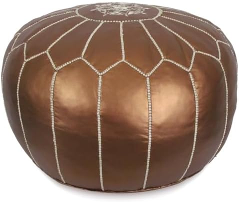 Stuffed Round Design Moroccan Faux Leather Pouf Ottoman, Handmade, Pre-Filled, 100% Genuine Leather, 13” Height x 20” Diameter, Footstool & Living Room Décor (Matte Bronze)