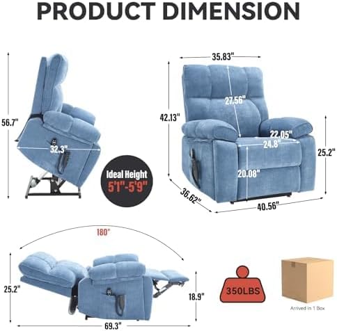 Dual Motor Power Lift Recliner Chair, 8 Positions Vibration Massage Recliner Chair, Chenille Fabric Recliner with Cup Holder, Vibration Massage and Lumbar Heating for Adults and Elderly, Blue