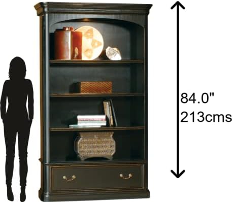 Hekman Furniture Louis Philippe Executive Center Bookcase – Tall Illuminated Wooden Bookcase Adjustable Shelves File Drawer & Glass Shelf Classic Distressed Finish for Office & Library
