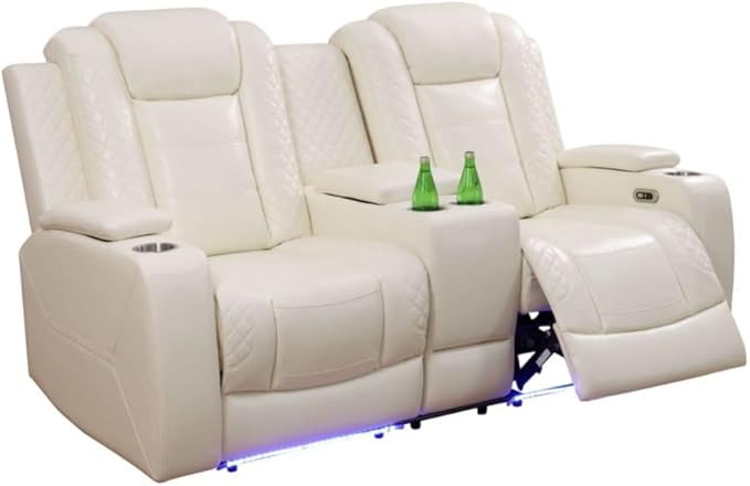 Electric Power Recliner Loveseat Set Living Room Furniture, Comfy Home Theater Breathing Leather Seating with USB 2.0 Charging Ports, LED Light Strips, Mid Console and Cupholders (White-2)